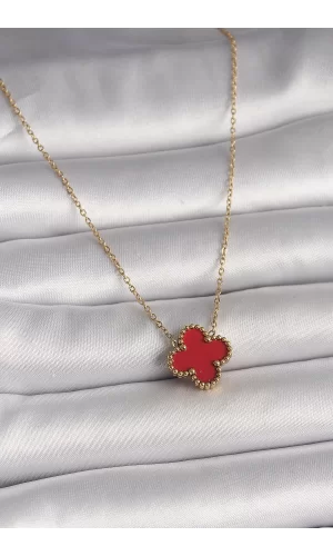 316L Çelik Gold Renk Kırmızı Yonca Model Kadın Kolye