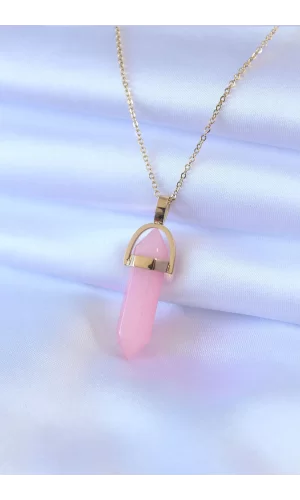 316L Çelik Gold Renk Kristal Pembe Taş Model Kadın kolye