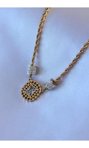 316L Çelik Gold Renk Lotus Model Zirkon Taşlı Burgu Zincir Kadın Kolye