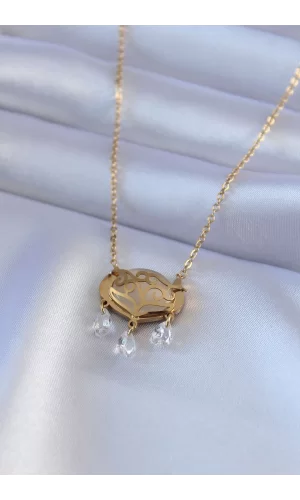 316L Çelik Gold Renk Lotus Model Zirkon Taşlı Kadın Kolye