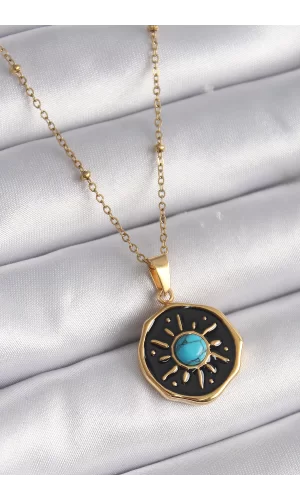 316L Çelik Gold Renk Mavi Boncuk Güneş İşleme Madalyon Model Kadın Kolye