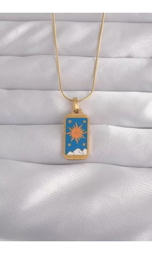 316L Çelik Gold Renk Mavi Mineli Güneş Model Tarot Kolye