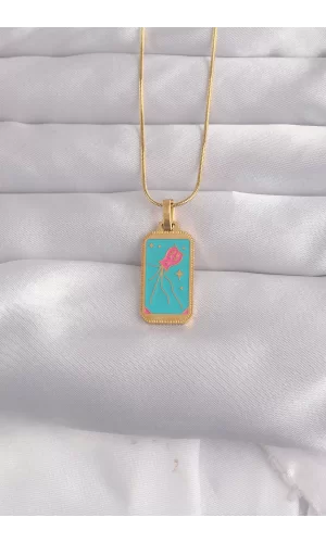 316L Çelik Gold Renk Mavi Mineli Tarot Kolye