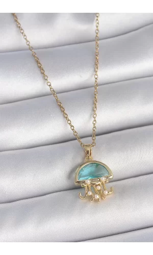 316L Çelik Gold Renk Mavi Taşlı Deniz Anası Model İnci Detay Kadın Kolye