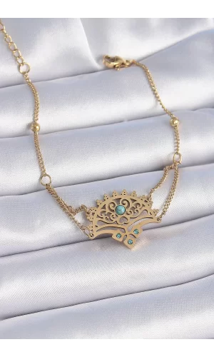 316L Çelik Gold Renk Mavi Taşlı Etnik Desen Kadın Bileklik