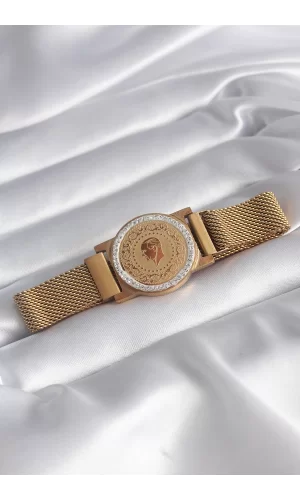316L Çelik Gold Renk Mıknatıslı Hasır Zirkon Taşlı Çeyrek Altın Model Kadın Bileklik