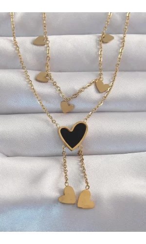 316L Çelik Gold Renk Mineli Çoklu Kalp Kolye