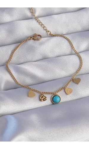 316L Çelik Gold Renk Minimal Kalpli Mavi Taş Detaylı Bileklik