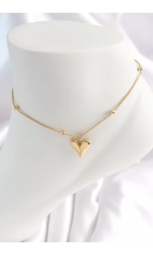 316L Çelik Gold Renk Minimal Topçuk Detay Kalp Figür Kadın HalHal