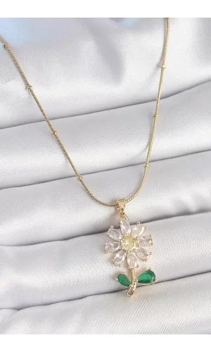 316L Çelik Gold Renk Minimal Topçuk Zincir Zirkon Taşlı Papatya Model Kadın Kolye