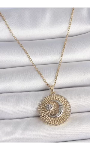 316L Çelik Gold Renk Mix Renk Ay Güneş Model Kadın Kolye