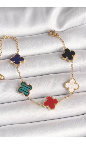 316L Çelik Gold Renk Mix Renkli Yonca Model Kadın Bileklik
