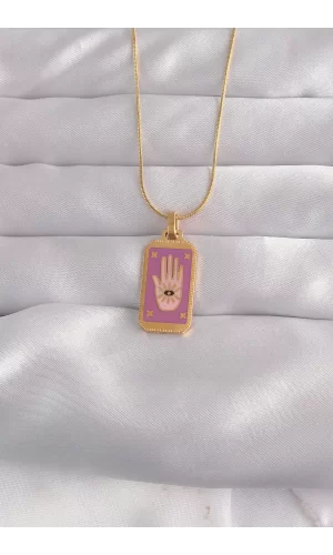 316L Çelik Gold Renk Mor Mineli El Figür Tarot Kolye