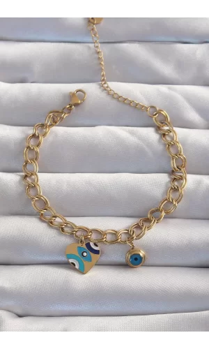 316L Çelik Gold Renk Nazarlı Kalp Model Zincir Bileklik