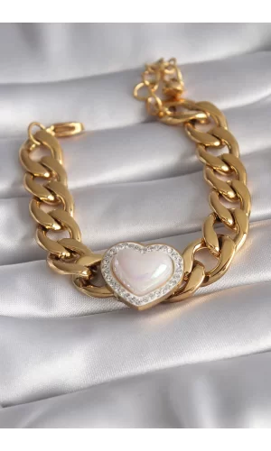 316L Çelik Gold Renk Pembe 3D Kalp Model Zirkon Taşlı Kadın Bileklik