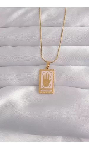 316L Çelik Gold Renk Pembe Mineli El Figür Tarot Kolye