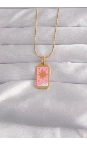 316L Çelik Gold Renk Pembe Mineli Güneş Model Tarot Kolye