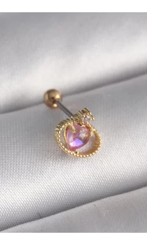 316L Çelik Gold Renk Pembe Mineli Kalp Zirkon Taş Detay Tragus Piercing