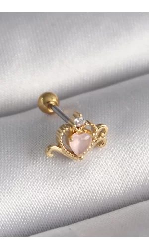 316L Çelik Gold Renk Pembe Mineli Kalp Zirkon Taş Detay Tragus Piercing