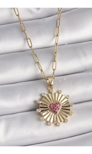 316L Çelik Gold Renk Pembe Zirkon Taşlı Kalp İşleme Madalyon Model Kadın Kolye