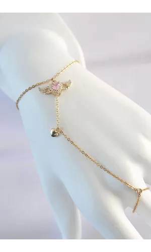 316L Çelik Gold Renk Pembe Zirkon Taşlı Kanatlı Kalp Model Şahmeran
