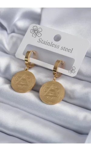 316L Çelik Gold Renk Pentagram İşleme Model Kadın Küpe