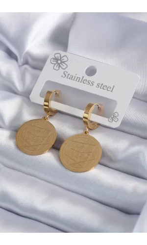 316L Çelik Gold Renk Pentagram İşleme Model Kadın Küpe