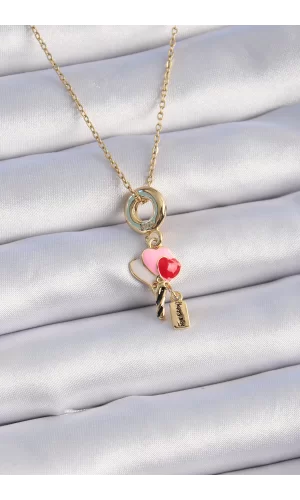 316L Çelik Gold Renk Renkli Kalp Figür Charm Model Kadın Kolye