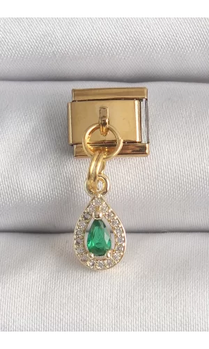 316L Çelik Gold Renk Sallantı Damla Yeşil Zirkon Taşlı Nomination Charm