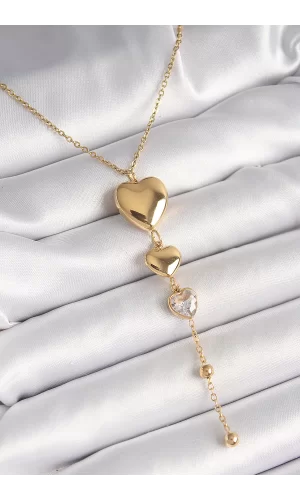 316L Çelik Gold Renk Sallantı Kalp Model Zirkon Taş Detaylı Kadın Kolye