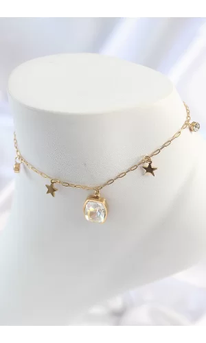 316L Çelik Gold Renk Sallantı Kare Zirkon Taş Figür Yıldız Detay Kadın Halhal