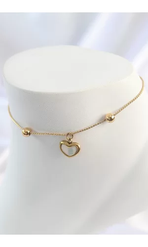 316L Çelik Gold Renk Sallantı Mineli Kalp Figür Topçuk Detay Kadın Halhal