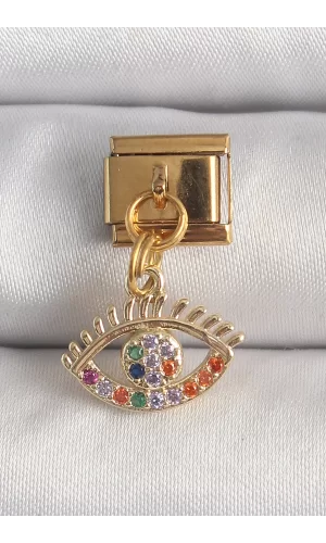 316L Çelik Gold Renk Sallantı Renkli Zirkon Taşlı Göz Model Nomination Charm