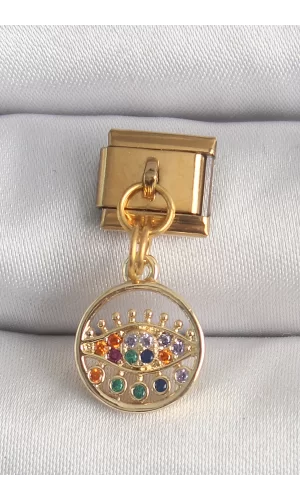 316L Çelik Gold Renk Sallantı Renkli Zirkon Taşlı Göz Model Nomination Charm