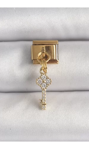 316L Çelik Gold Renk Sallantı Zirkon Taşlı Anahtar Model Nomination Charm