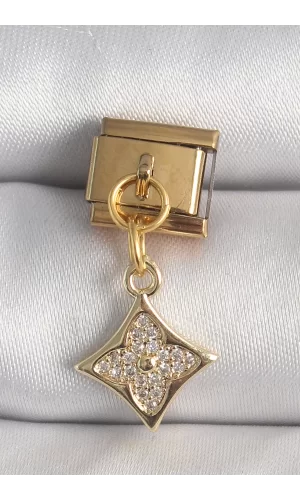 316L Çelik Gold Renk Sallantı Zirkon Taşlı Çiçek İşlemeli Nomination Charm