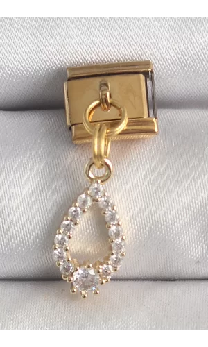 316L Çelik Gold Renk Sallantı Zirkon Taşlı Damla Model Nomination Charm