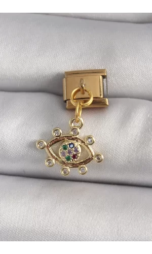 316L Çelik Gold Renk Sallantı Zirkon Taşlı Göz Model Nomination Charm