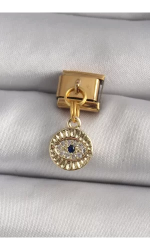 316L Çelik Gold Renk Sallantı Zirkon Taşlı Göz Model Nomination Charm