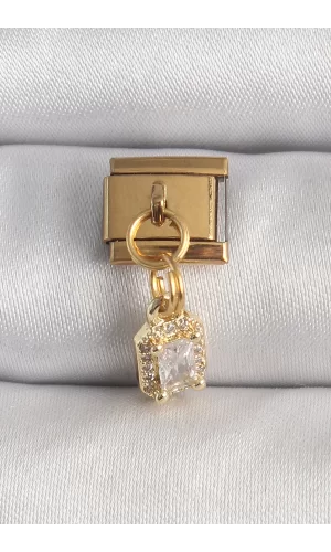 316L Çelik Gold Renk Sallantı Zirkon Taşlı Kare Model Nomination Charm
