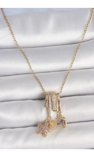 316L Çelik Gold Renk Sallantı Zirkon Taşlı Mor Taşlı Ayıcık Figür Charm Kadın Kolye