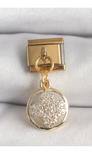 316L Çelik Gold Renk Sallantı Zirkon Taşlı Yonca Model Nomination Charm