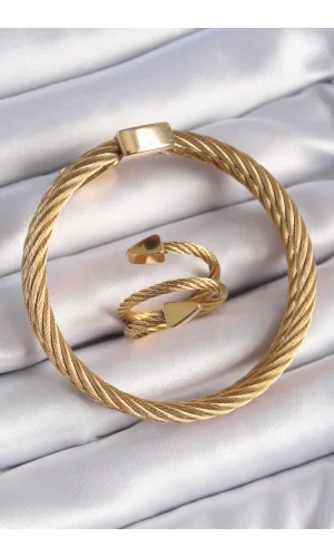 316L Çelik Gold Renk Sarmal Model Erkek Bileklik Yüzük Kombini