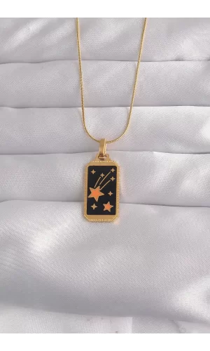 316L Çelik Gold Renk Siyah Mineli Yıldız Figür Tarot Kolye
