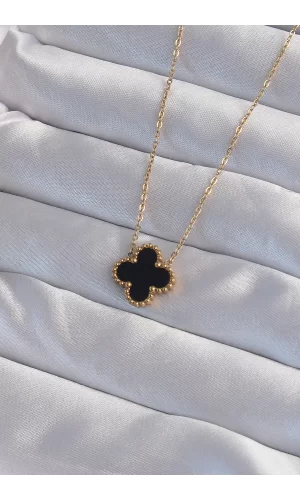 316L Çelik Gold Renk Siyah Mineli Yonca Kolye