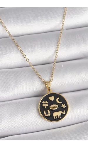 316L Çelik Gold Renk Siyah Şans Kolyesi