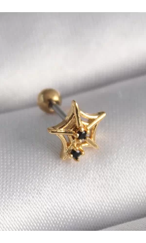 316L Çelik Gold Renk Siyah Zirkon Taş Detay Örümcek Ağ Model Tragus Piercing