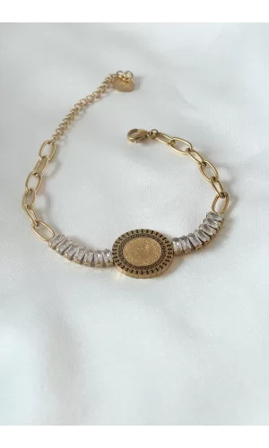 316L Çelik Gold Renk Tam Altın Modelli Zirkon Taşlı Kadın Bileklik