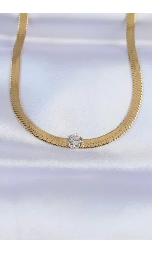 316L Çelik Gold Renk Tek Zirkon Taşlı İtalyan Zincir Kolye
