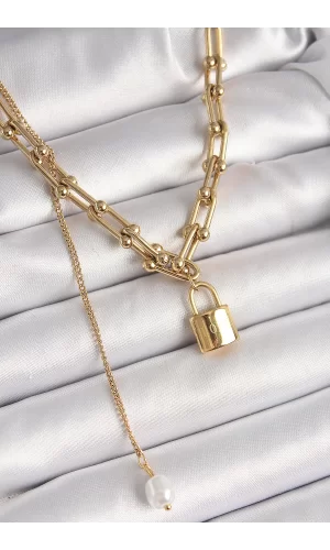 316L Çelik Gold Renk Tiffany Zincir Model Kilit Figür Sallantı İnci Detay Kadın Kolye